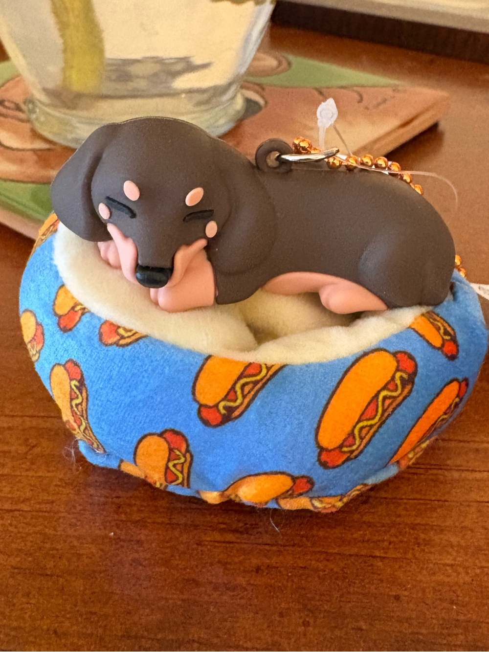 Dachshund and Hot Dog Print Plush Pet Bed Keychain - Blue & Yellow